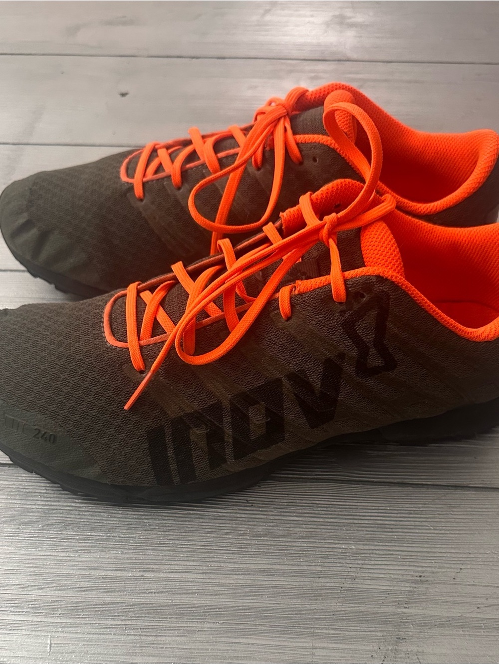 Inov-8 Olive Green Trail Shoes with Bright Orange Accents